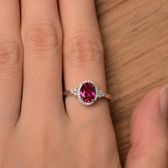 NEW Silver Ruby Diamond Halo Oval Cut Ring - Picture 2 of 4
